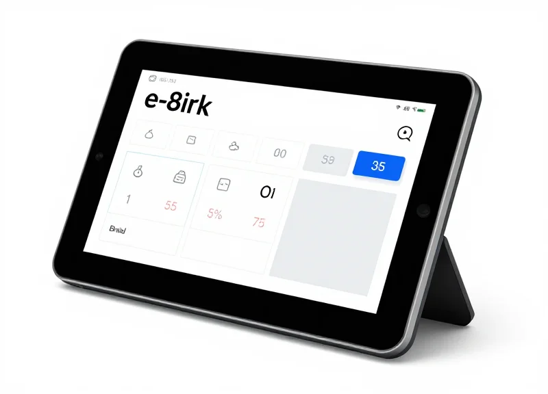 A close-up of a large 5.8-inch electronic shelf label with a clean e-ink display on a white background.