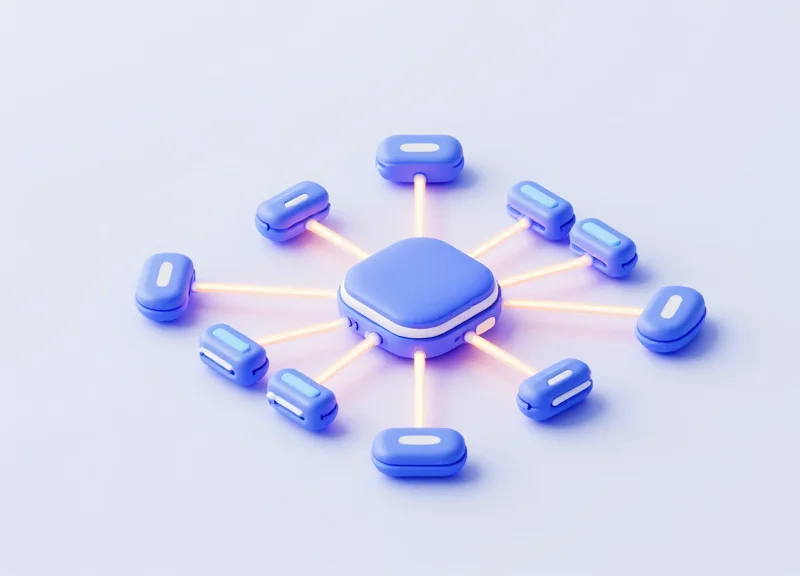 3D isometric model showing a wireless network synchronizing data between a server and store shelf labels.