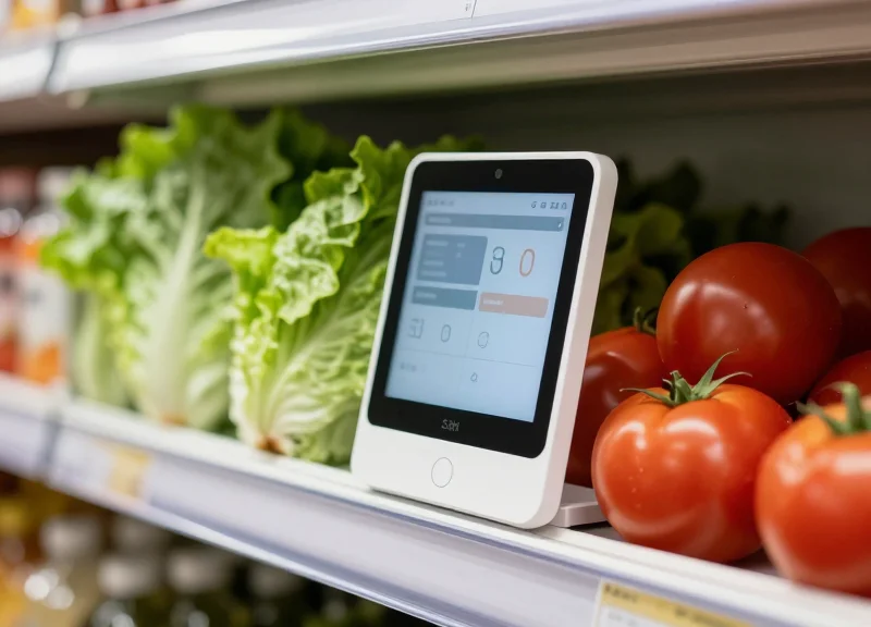 A close-up of a modern electronic shelf label mounted on a supermarket shelf with fresh, colorful vegetables softly blurred in the background.