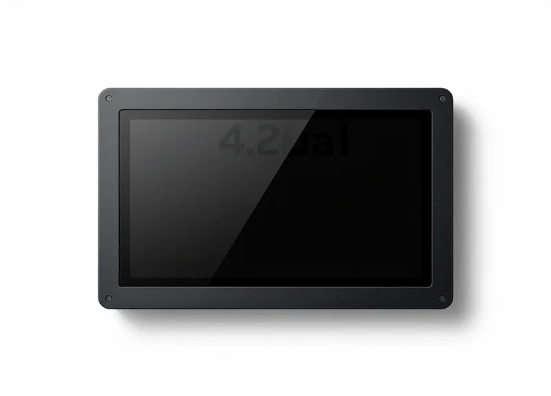 A 4.2-inch electronic shelf label with a matte black frame on a pure white background.