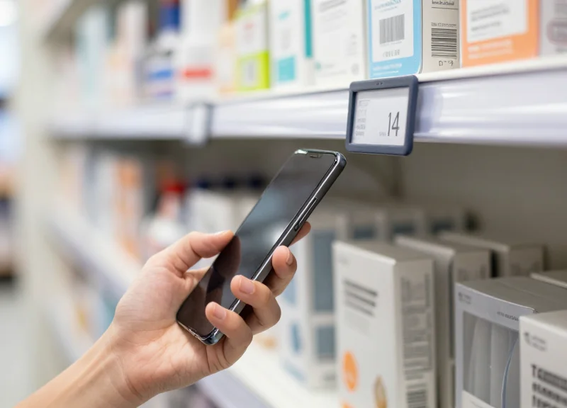 A close-up of a hand holding a smartphone near a retail display label.
