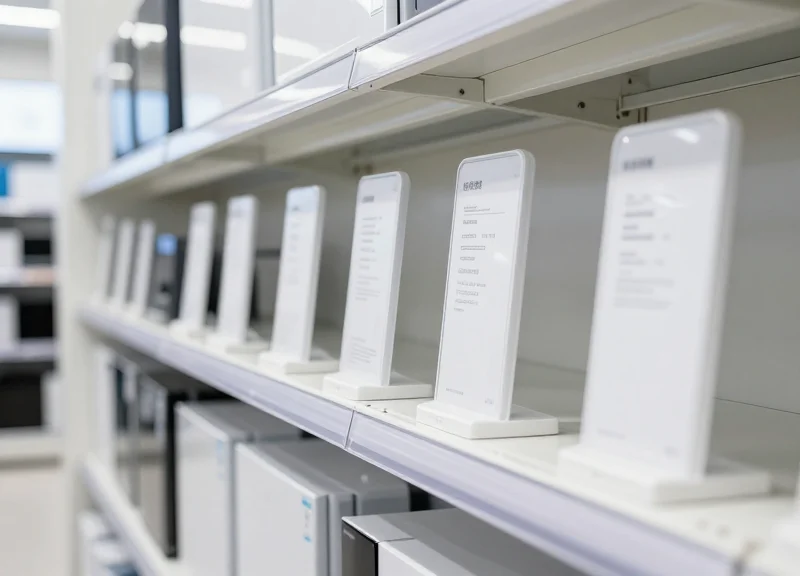 A clean and organized row of electronic shelf labels on a retail shelf.