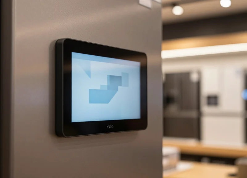 A close-up of a modern electronic shelf label mounted on a sleek stainless steel refrigerator in a well-lit appliance showroom.