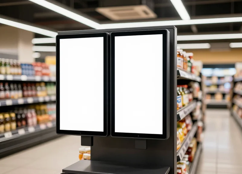 A modern retail end-cap display featuring large 5.8-inch electronic shelf labels in a high-end supermarket setting.