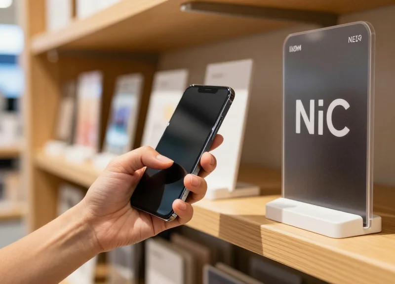 Close-up of a person's hand holding a smartphone near an electronic shelf label to demonstrate NFC interaction.