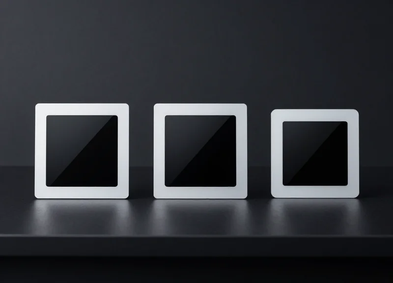 Three different sizes of electronic shelf labels displayed side-by-side to show the scale difference between 7.5, 10.2, and 13.3 inch models.