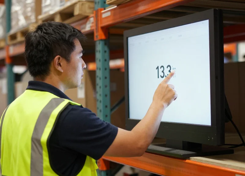 A warehouse worker interacting with a large digital display on a bulk storage rack to confirm inventory picking.