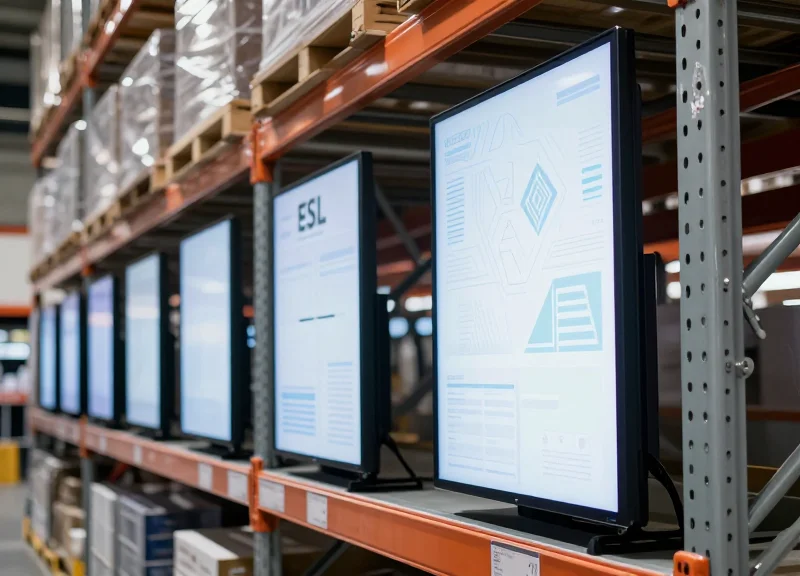 A professional photorealistic view of large-format electronic shelf labels mounted on modern industrial warehouse racking in a clean, well-lit facility.