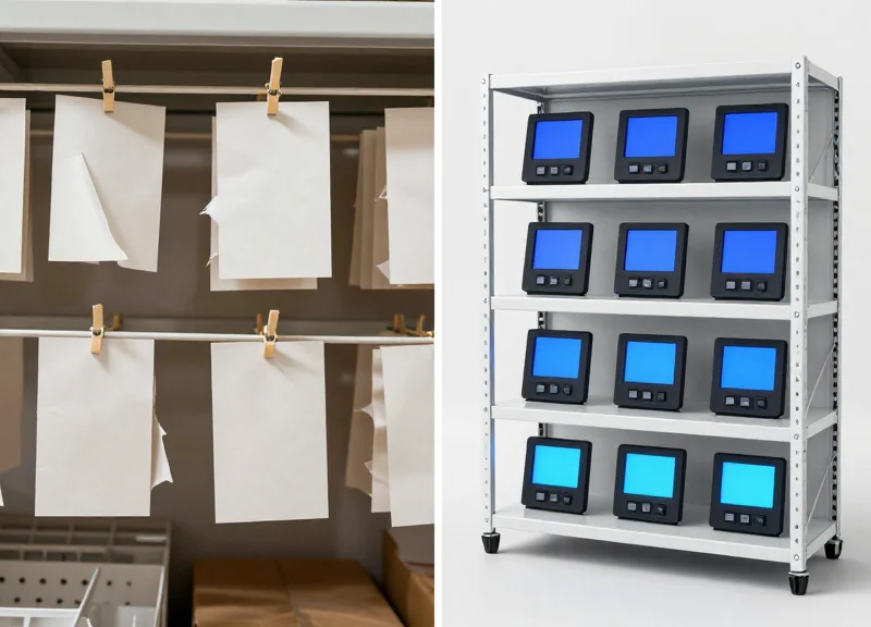 Comparison between outdated paper labels and modern digital displays on warehouse shelving.