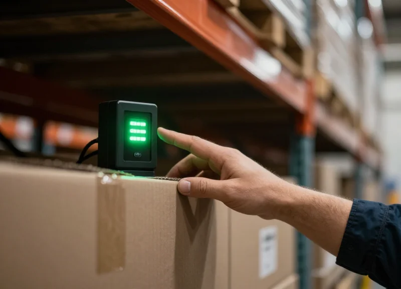 Close-up of a warehouse picker being guided by a visual light cue on a digital display.