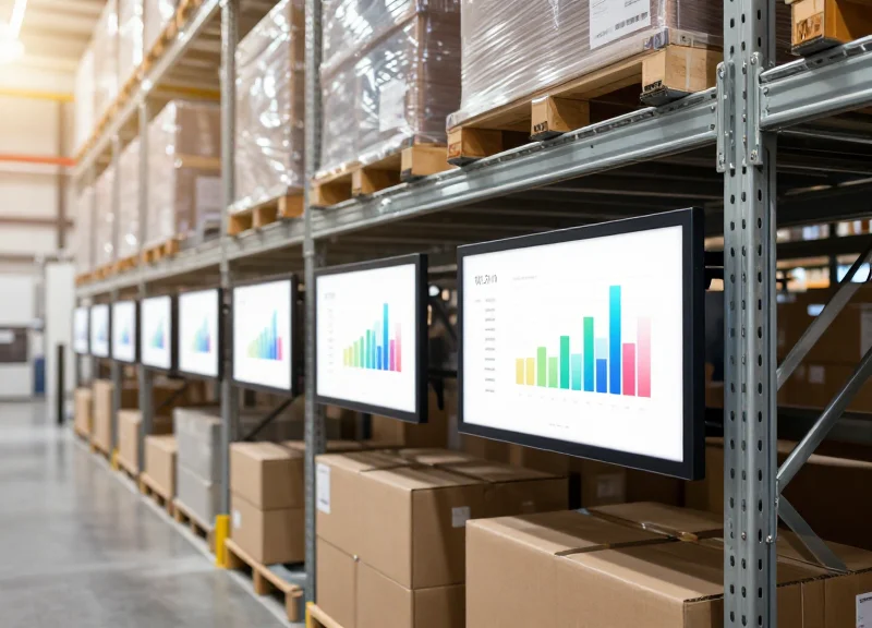 A modern warehouse aisle with high-tech digital electronic shelf labels mounted on storage racks under soft industrial lighting.