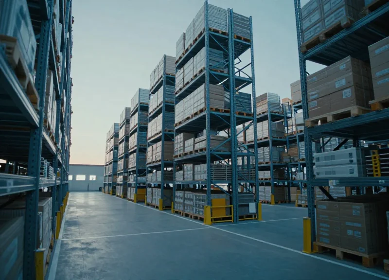 Wide shot of a massive, modern high-tech warehouse at dusk with energy-efficient blue accent lighting on high shelves.