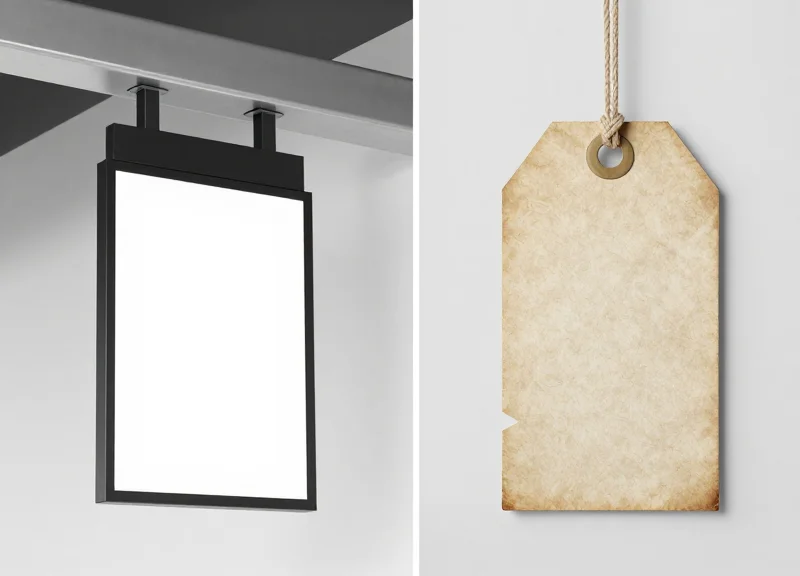 Side-by-side comparison of a glowing electronic paper display versus a traditional paper label on a metal shelf.