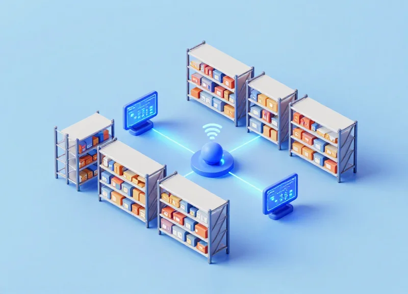 Isometric 3D model of a warehouse floor with glowing lines connecting digital labels, RFID scanners, and central servers.
