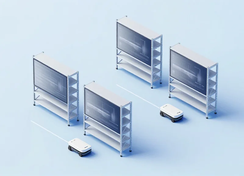An isometric 3D illustration of a futuristic smart warehouse featuring large electronic E-paper displays on shelving units and automated logistics robots.