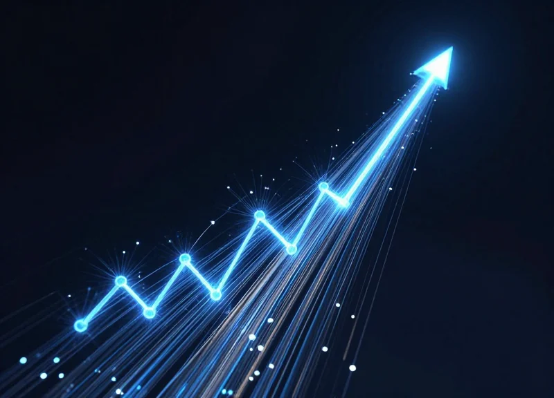 Abstract digital visualization of financial growth and cost efficiency with glowing blue light trails.