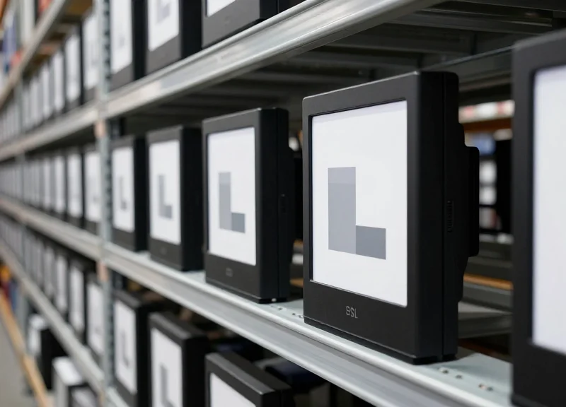 Rows of black and white electronic shelf labels mounted on industrial metallic warehouse racks, showing abstract patterns without text.