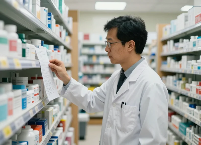A concerned pharmacist looking at a cluttered shelf of traditional paper labels in a busy pharmacy
