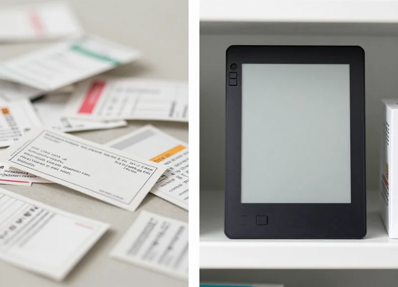 Side-by-side comparison of old handwritten pharmacy labels versus modern digital e-ink tags