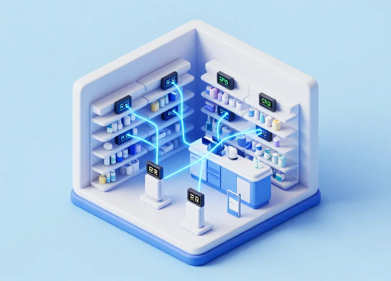 3D isometric model of a modern pharmacy workflow with connected digital shelf tags