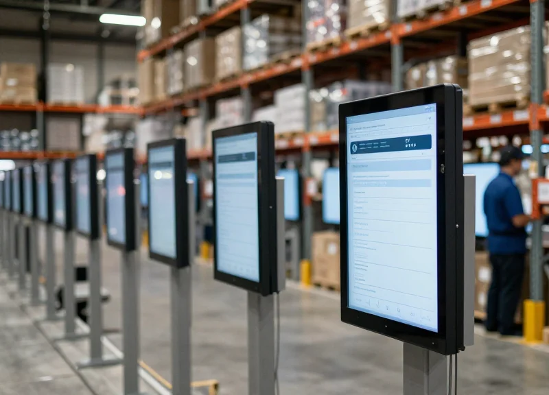 A modern industrial environment showing digital electronic labels on shelving units, replacing old paper tags.