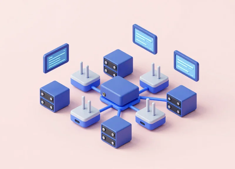 3D isometric model of a factory monitoring system showing the connection between a central server and multiple ESL devices.