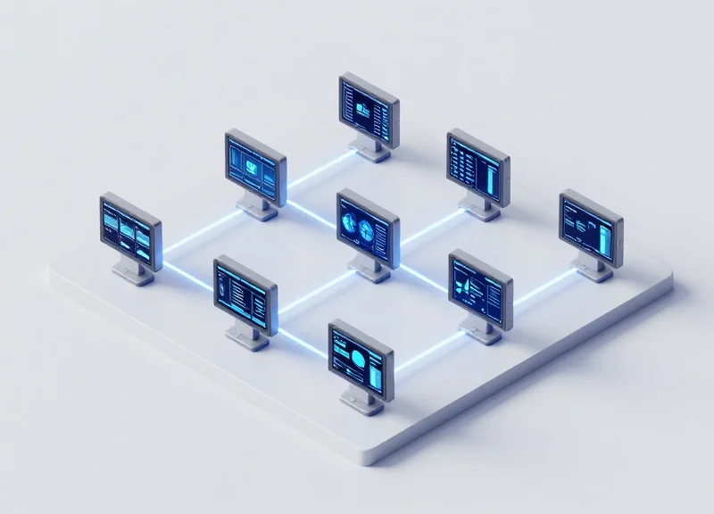 An isometric 3D illustration of a modern industrial monitoring system featuring small electronic shelf label modules connected to a central digital interface on a clean light gray background.