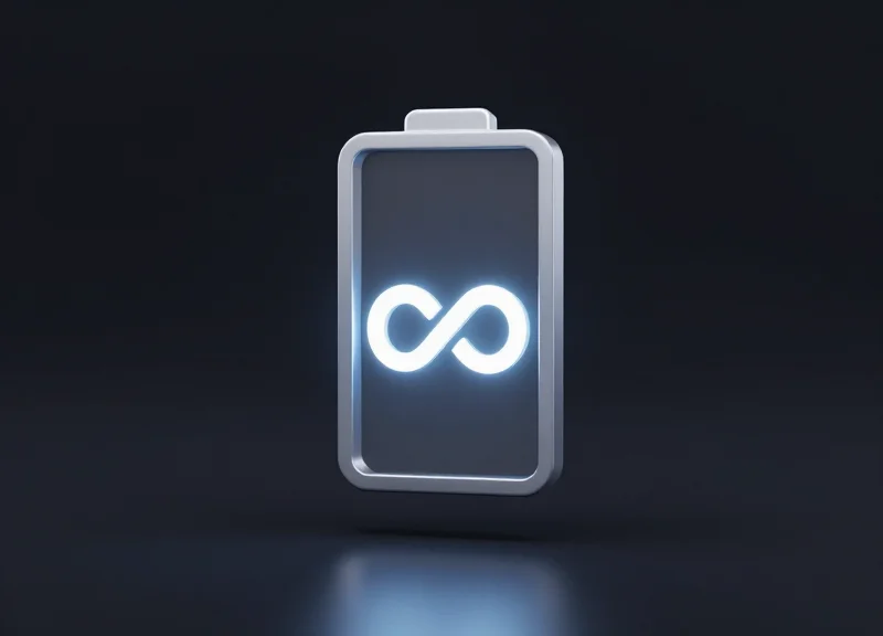 A conceptual 3D render of a battery symbol representing extreme longevity and 10-year power.