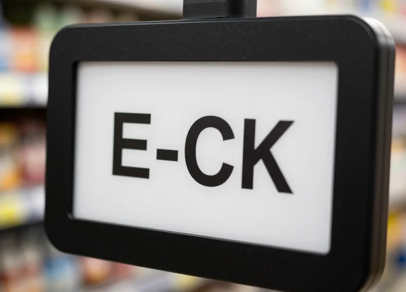 Macro close-up of a high-contrast monochrome E-ink screen on a shelf label.