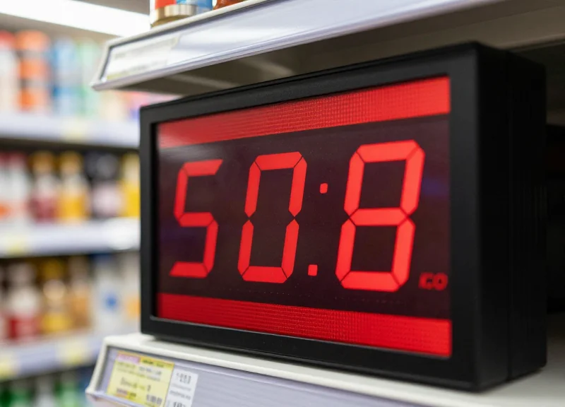 Electronic shelf label with red accents in a clearance section