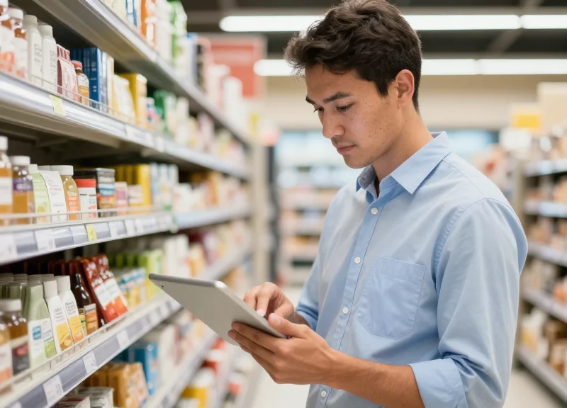 Retail manager using a digital tablet to manage store pricing efficiently.