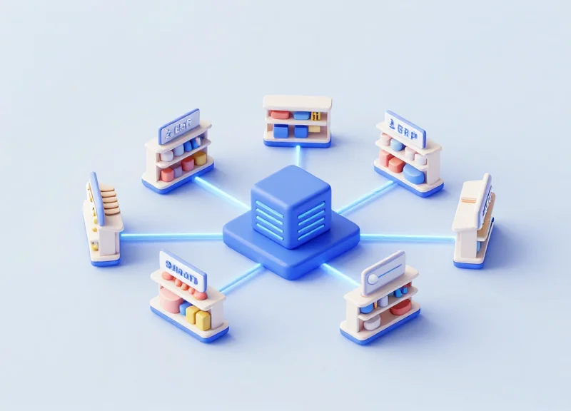 Isometric view of a retail infrastructure connected to a central server system.