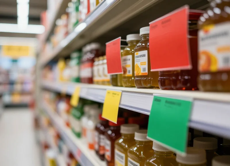Close-up of organized modern retail shelves with vibrant red, yellow, and green price tags in a clean, brightly lit store interior.