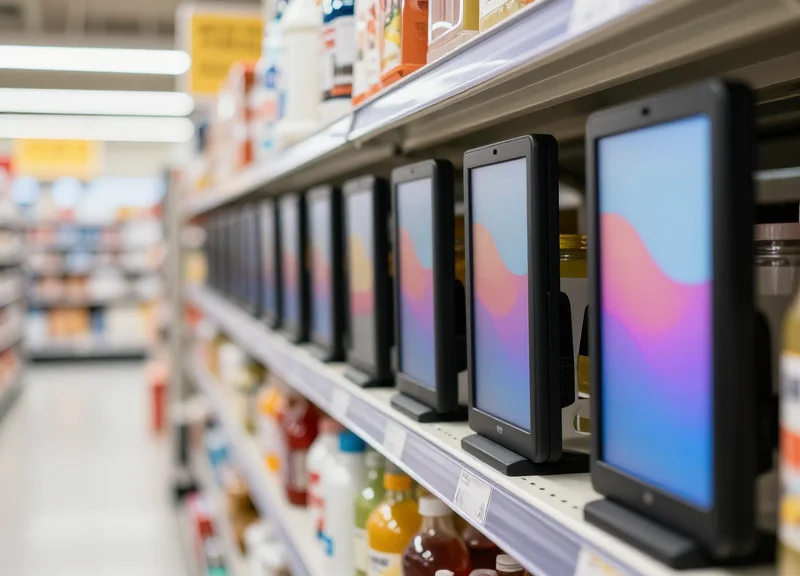 A modern retail aisle with digital price tags showing real-time updates in a photorealistic setting.