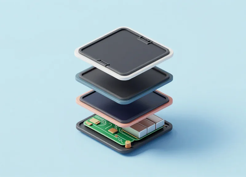 Isometric 3D diagram showing the internal layers of an electronic shelf label.