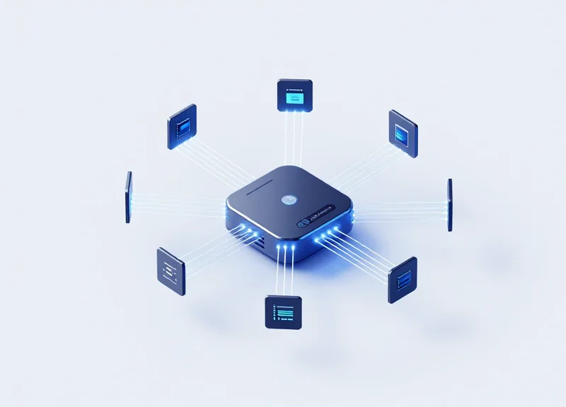 Isometric 3D model of a central gateway device managing a network of electronic tags.