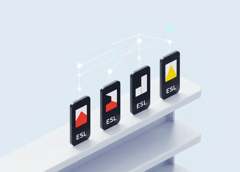 An isometric 3D illustration of a modern retail shelf featuring electronic shelf labels with glowing digital nodes and connection lines symbolizing real-time inventory alerts.