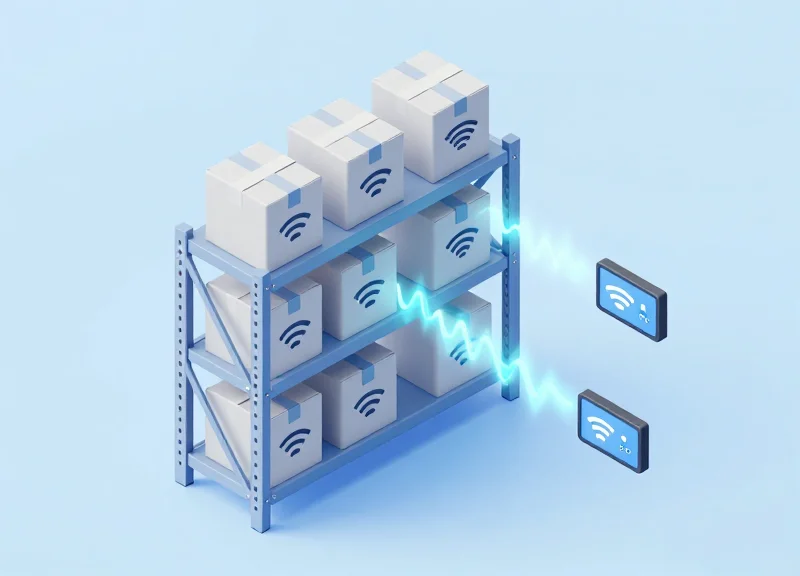 Isometric view of a smart store ecosystem where RFID tags and ESL labels interact.