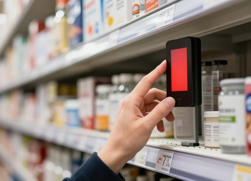 A person shopping in a store and interacting with a personalized electronic shelf label.