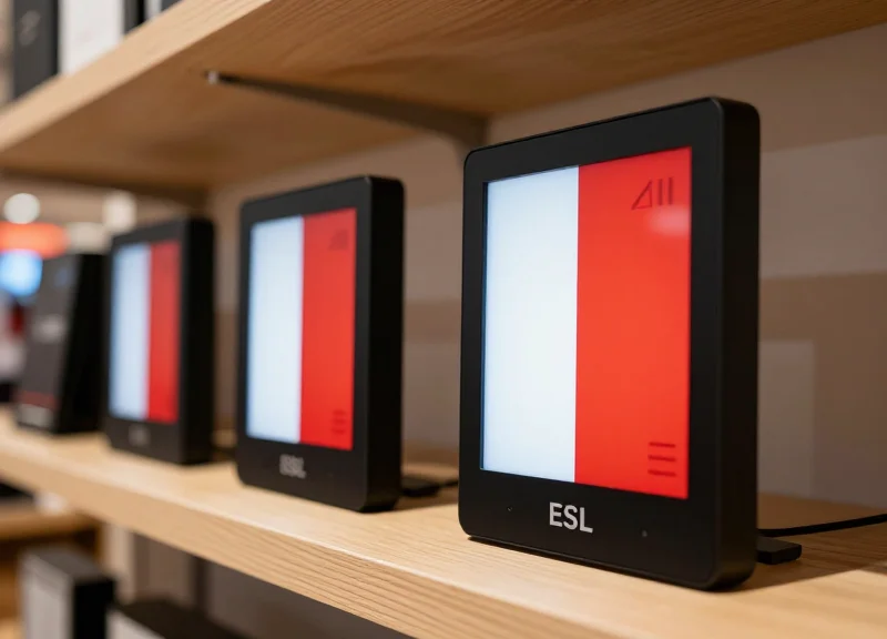 Close-up of sleek electronic shelf labels on a modern retail shelf featuring a tri-color palette of black, white, and vibrant red, set in a high-end blurred store environment.