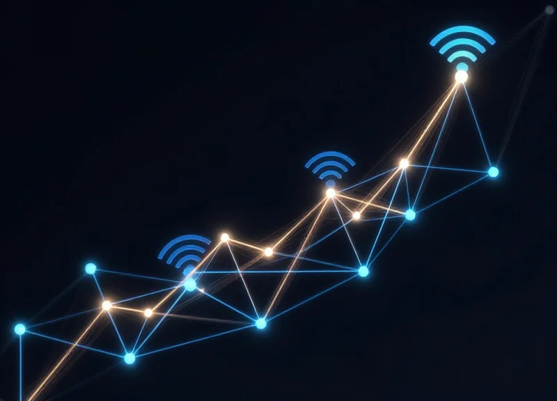 Abstract visualization of wireless connectivity nodes and data streams representing NFC and Bluetooth networks.
