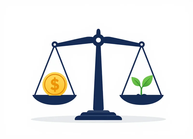 A professional scale balancing short-term investment coins against a long-term growing plant symbol.