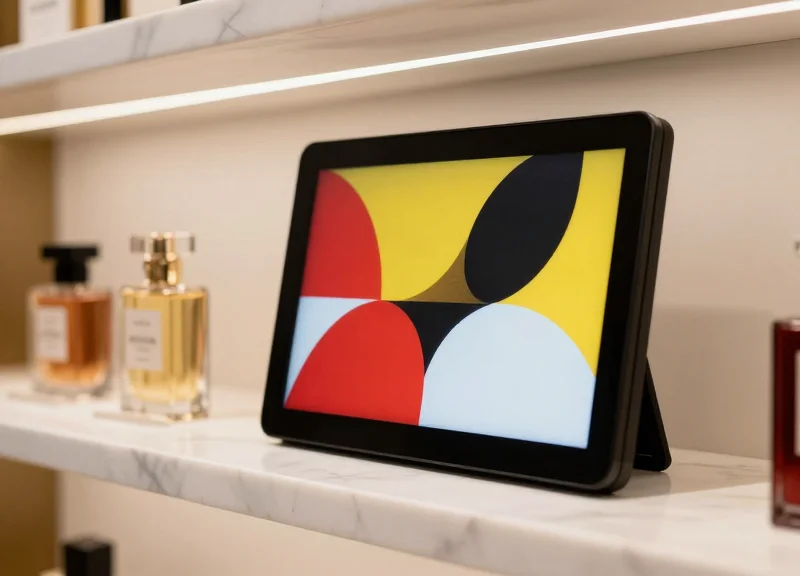A close-up shot of a sleek electronic shelf label displaying a vibrant four-color abstract graphic on a white marble shelf in a high-end boutique.