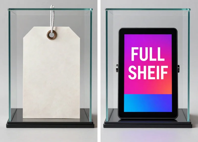 Side-by-side comparison of a traditional paper tag and a vibrant full-color electronic shelf label in a luxury jewelry display.