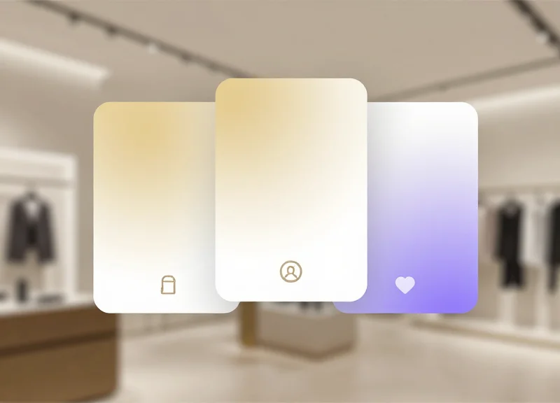 Abstract UI design with glassmorphism effects representing digital-to-physical store interaction.