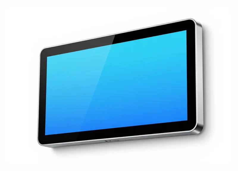 A premium full-color electronic shelf label with a sleek metallic finish on a white background.