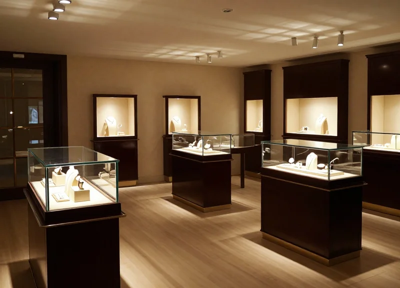 A wide shot of a jewelry store interior showing the effect of ambient lighting on product displays.