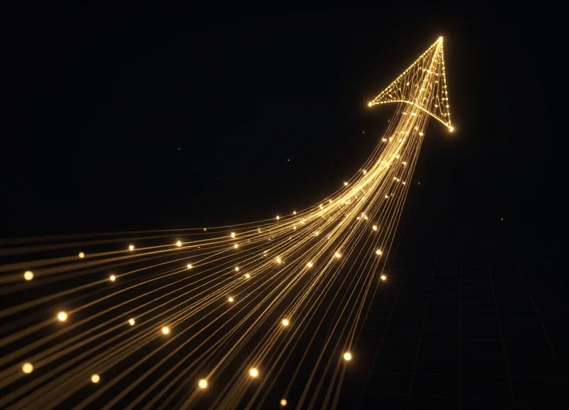 Abstract visualization of rising light trails and nodes representing luxury ROI growth.