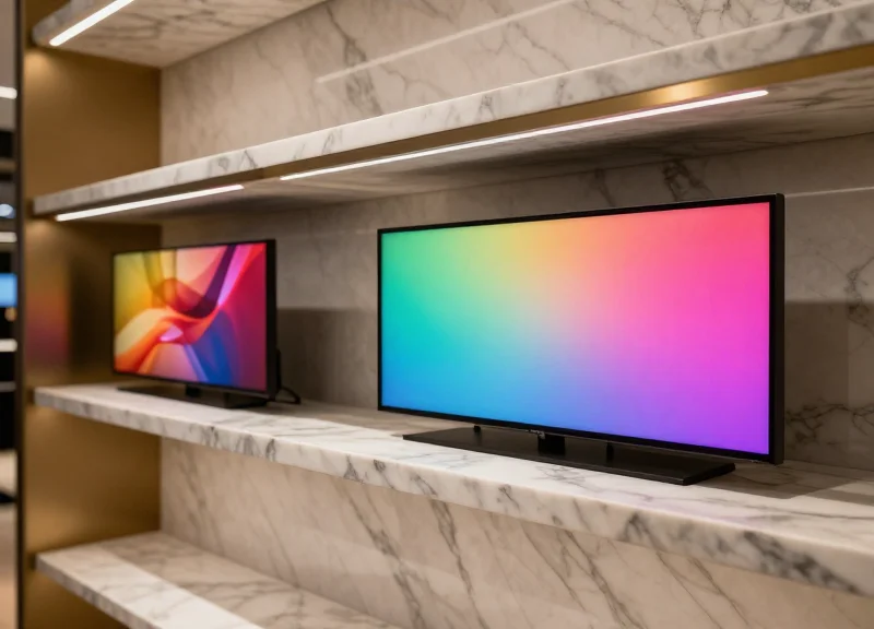 A modern luxury boutique interior with elegant shelving featuring integrated full-color electronic paper displays showing vibrant abstract art patterns.