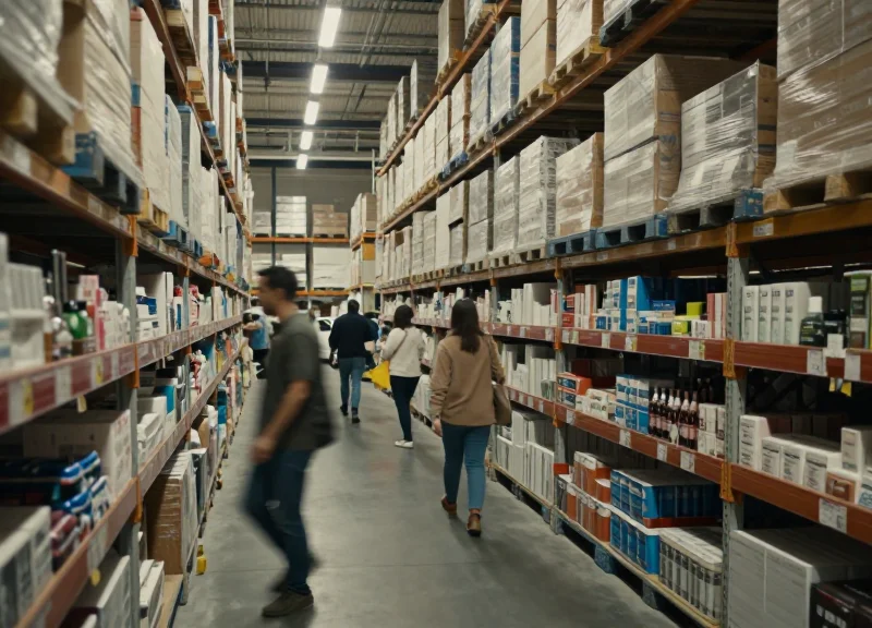Wide-angle shot of a massive discount store with rows of thousands of products and shoppers in the background.